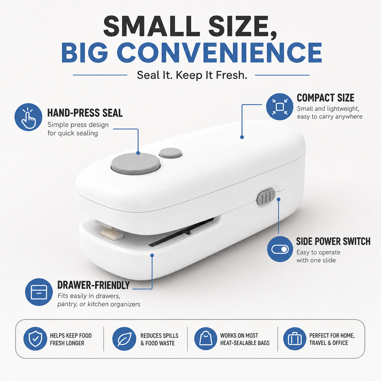 Mini Portable Snack Bag Sealer, Compact Handheld Heat Sealer for Chips & Food Storage - White